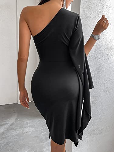 Women's Asymmetric Hem One Shoulder Dress Cocktail Party Midi Bodycon Dress Black L #TOP1