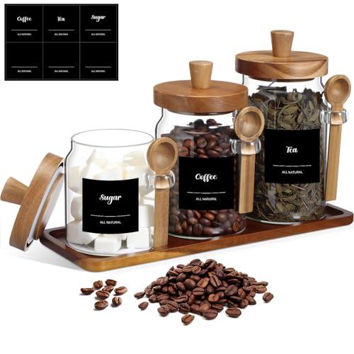 Image of Suclain 3 Pcs Glass Coffee Container Set, 13.5,20,25 oz, Acacia Brown | Coffee Tea Sugar Canister Set, Airtight Jar Food Storage with Wood Spoon Tray Labels, Kitchen Counter Bar Organization