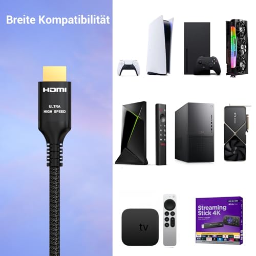 Etseinri 10K 8K HDMI 2.1 Kabel 2.5M, Zertifiziert 48Gbps Ultra High Speed HDMI® Kabel 4K 240Hz 165Hz 144Hz 120Hz 0.01ms eARC HDCP2.3 HDR 10+ Dolby Atmos Vision für Gaming Monitore TV Projektor