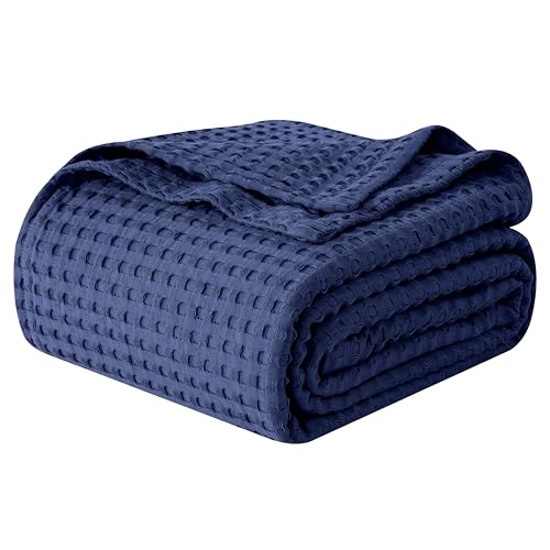 Image of Elegant Comfort Premium 100% Cotton Waffle Blanket - Lightweight Breathable Waffle Weave Bed Blanket - Soft and Warm All Season Blanket for Couch, Sofa and Bed, Twin Size 68x88 Inches, Navy Blue