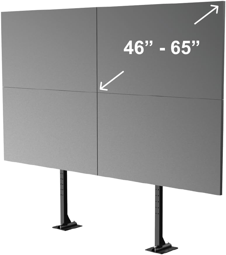 46-65" Floor Bolted 2x2 Video Wall Mount System, Permanent Fixed Quad Screen Industrial Bracket, VESA 600x400