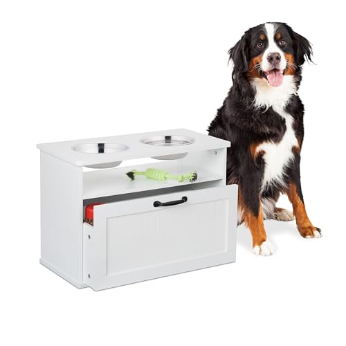 Relaxdays Ciotole Rialzate per Cani con Armadietto, Cassetto con 2 Scodelle in Acciaio, HxLxP: 42x60x30 cm, MDF, Bianco