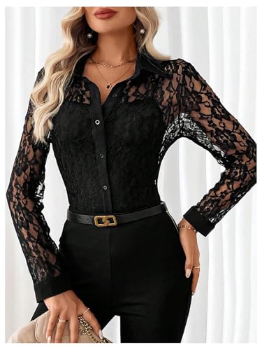 SOLY HUX Women's Lace Sheer Button Down Blouse Long Sleeve Collared Shirts Old Money Outfits4