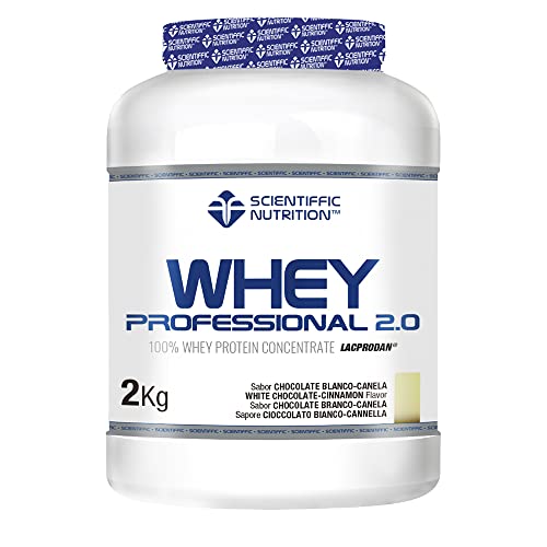 Scientiffic Nutrition - Whey Professional 2.0 Proteinas Whey en Polvo 100% Pura, para Aumentar la Masa Muscular, con Enzimas Digestivas y Lactasa - 2kg, Sabor Chocolate Blanco - Canela.