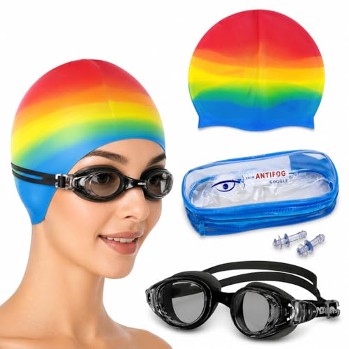 Image of GLAN Swimming Kit with UV Protection and Anti Fog Swimming Goggles and Cap Set Ideal for All Age Group Pack of 1 (Multicolour Black)