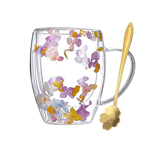 CHUNLINLAODA Tazas de café de vidrio de flores secas Flores Secas Tazas de Café de Vidrio de Doble Pared tazas de vidrio de doble pared vasos resistentes al calor para beber café (Rosa púrpura)