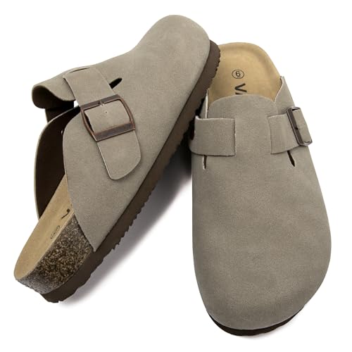 Image of Women Suede Clogs Casual Slip On Potato Mule Slippers | Soft Suede Upper, Arch-Support Cork Insole, Adjustable Buckle, Anti-Slip Sole