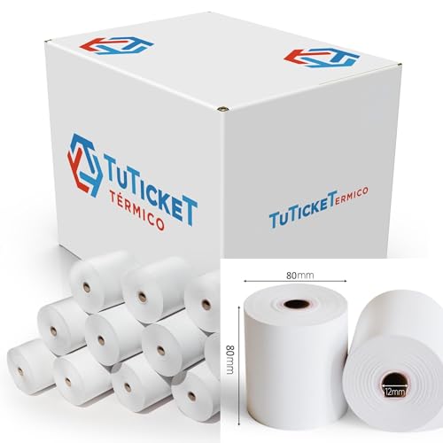 TuTickeT TÉRMICO.com - Rollo de Papel Térmico 80x80x12 mm (50 unidades) para Impresora Térmica de Ticket, Caja Registradora y demás TPV. Sin Bisphenol A. PEFC. Producto C.E.