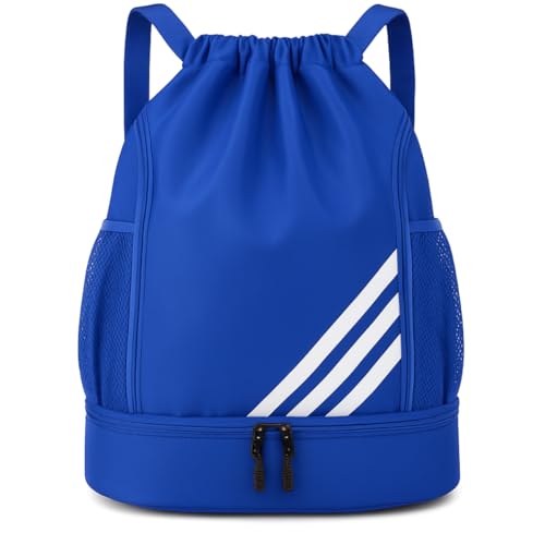 Mochila Esportiva com Cordão Espaçosa Bolsa 4 Bolsos Ideal para Esportes Chuteira Bolas Academia Material Impermeável Separação Roupas Secas e Molhadas Unissex (Azul)