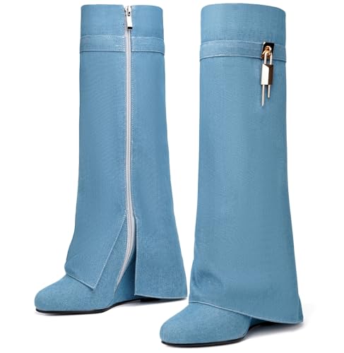 Image of Fold Over Knee High Boots for Women Pointy Pull-on Wedge Heel Knee Shark Boot With Side Zipper Covered Wedge Heel Padlock Boot