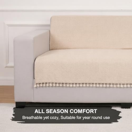 Image of STITCHNEST Jute Sofa Cover - Beige, 48x60 Inch | Soft Textured Fabric with Tassel| Full Coverage Sofa for Living Room Decor