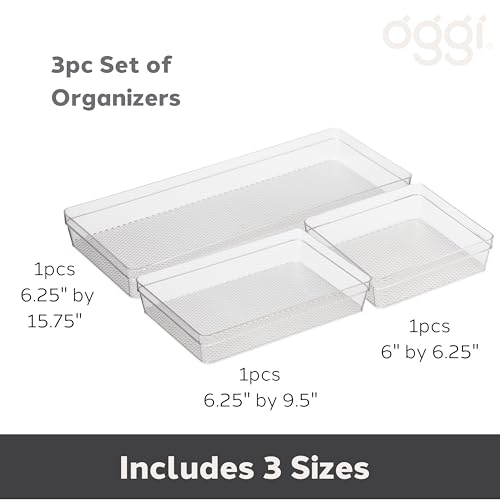 Image of Oggi Set of 3 Clear Drawer Organizers - (1) 6x6.25, (1) 6.25x9.25, (1) 6.25x15.75 - Ideal for Organizing Kitchen Drawers, Office, Desk, Silverware, Kitchen Utensils, Cosmetics and Bathrooms