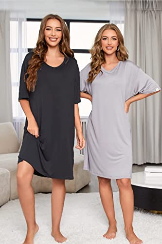 Image of ft FENTENG 2-Pack Women's Nightgowns Short Sleeve Nightshirt V Neck Soft Sleepwear Casual Sleepshirts Loose Pajama Dress