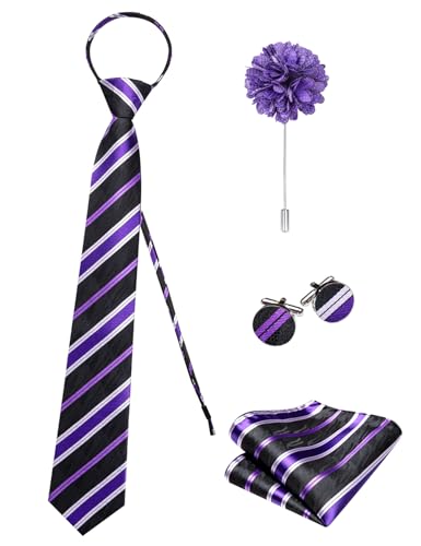 Image of Hi-Tie Zipper Ties for Men Pre-tied Tie Set Lapel Pin Pocket Square and Cufflinks Formal Business Wedding Adjustable Necktie