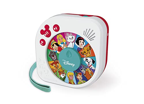 ORE DI DIVERTIMENTO: Basta girare il selettore e scegliere quale storia si vuole ascoltare per partire all'avventura con i personaggi dei cartoni animati Disney pià¹ amati dai bambini 12 racconti e pià¹ di un'ora di audio storie nel rispetto della soglia di attenzione del bambino Portatile e silenzioso grazie al comodo ingresso per le cuffie L'altoparlante integrato ha un volume adeguato ai bambini