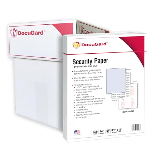 DocuGard Premier Medical Security Paper for Printing Prescriptions and Preventing Fraud, CMS Approved, 10 Security Features, Laser and Inkjet Safe, Blue, 8.5 x 11, 24 lb., 2500 Sheets (04543C)