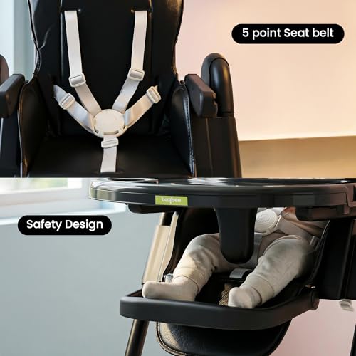 Image of BAYBEE High Chair for Baby 6 to 18 Months, 6-Level Height Adjustable Feeding Chair with Reclining Backrest, Foldable Frame, 5-Point Safety Harness, Double Removable Tray, Footrest & Lockable Wheels (Black)