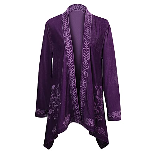 Floriana Womens Embroidered Kimono Cardigan Velvet Blazer Open Front Kimono Top - Purple, Large