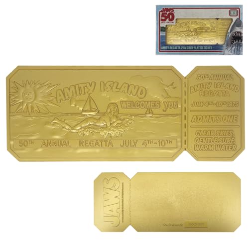 FaNaTtik Jaws Réplique de billet de régate pour 50e anniversaire - Collection limitée (Plaqué or 24 carats, sous licence officielle, 160 x 65 mm, présentoir inclus)