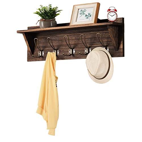 Giantex Porte-Manteau Mural avec Etagère de Rangement, Patères avec Étagère en Bois, 5 Crochets, 61 cm, Style Industriel, pour Entrée, Couloir, Salle de Bains, Salon (Marron)