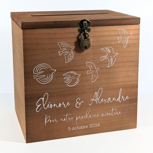 Urne Mariage En Bois Blanche & Or - Cagnotte Avec Cadenas 25x25x20 Cm - Personnalisable Pour Baptême, Anniversaire