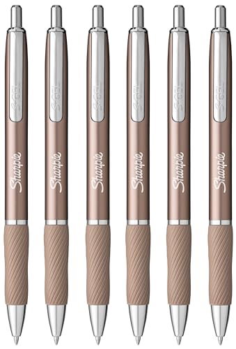 Sharpie S-Gel Pens | Medium Point 0.7mm | Black Ink | Pack of 6 | Metal Barrel Retractable Gel Pens | Rose Gold