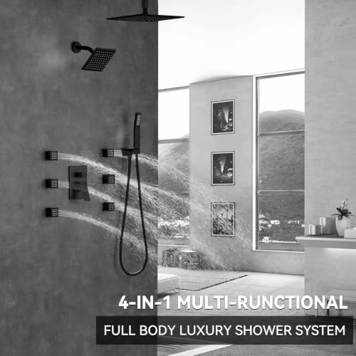 Image of Shower System Matte Black Dual Shower Head with Body Jets, Oupukle Four Modes Shower Faucet Set Ceiling Mount 12 inch Rain Shower Head & 6 inch Wall Mounted Head with 6PCS Body Jets