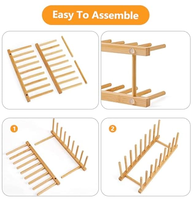 HBlife Heighten and Widen Bamboo Dish Dying Rack Pot Lid Plate Organizer Holder for Cabinet, Cutting Board Stand Drainer Storage Plate Rack for Dish, Pot Lid, Bowl, Cup, Cutting Board and Books