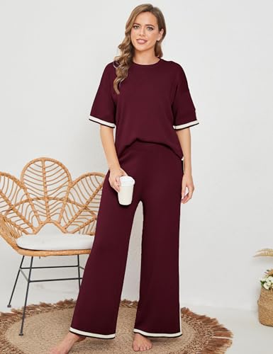 Image of Tanming Sweater Sets Women 2 Piece Lounge Sets Short Sleeve Knit Pullover Tops Wide Leg Pants