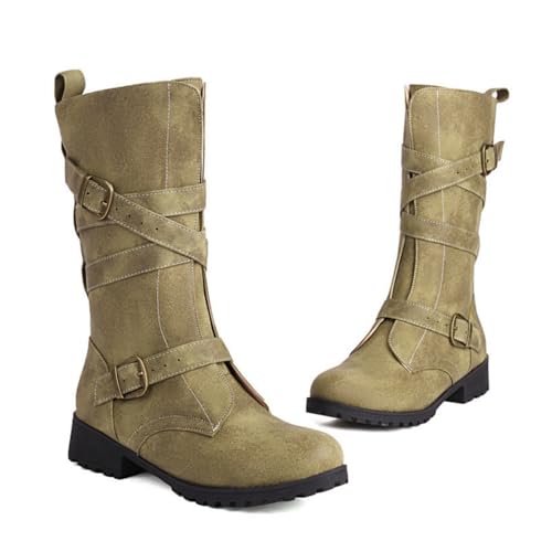 Women's Mid Calf Cowboy Boots Wide Calf Fit Round Toe Low Heel Pull-On Biker Style with Buckle for Winter and Party Wear2