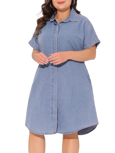 Image of Agnes Orinda Plus Size Denim Dress for Women Short Sleeve Button Down with Pockets Midi Jean Denim Shirt Dresses