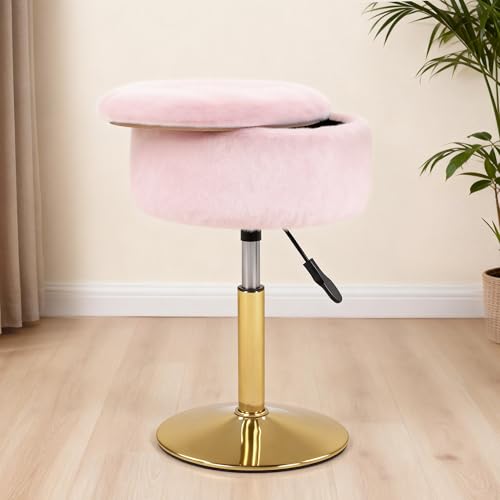 LITZFUR Adjustable Vanity Stool with Storage, 360° Swivel Gold Chair,