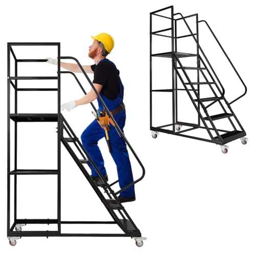 6 Step Warehouse Ladders with Lockable Wheels, Heavy Duty Mobile Platform Ladder with Safety Guardrail & Non-Slip Pedals for Library, Garage and Home Use, 1213 LBS Capacity (Black)