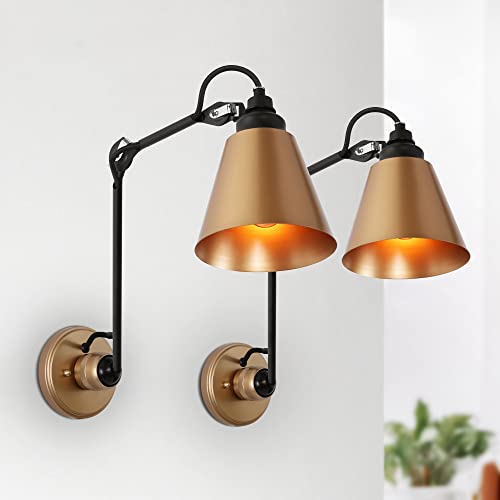 Image of LALUZ Sconce Wall Lighting, Swing Arm Wall Sconce Set of 2, Mid Century Adjustable Wall Mounted Light Fixtures for Bedroom, Living Room, Black and Dark Gold Finish