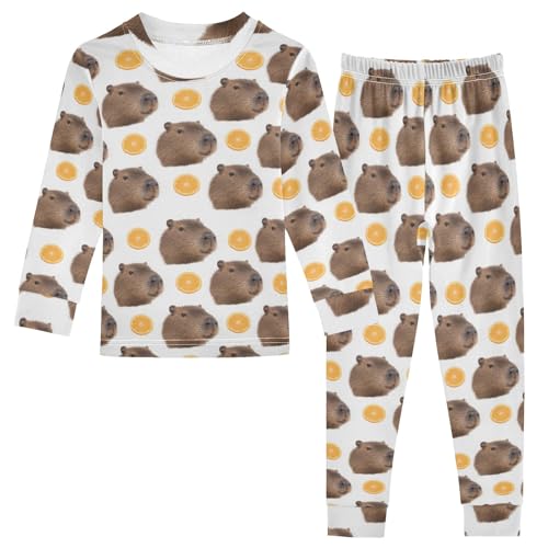 Capybara Orange Pattern Cute Pajama Sets Long Sleeve Top and Pants, Snug Fit Sleepwear for Night Wears