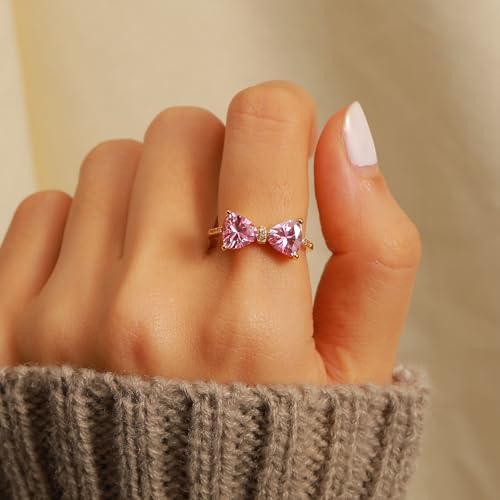 Pink Bow Rings for Women 925 Sterling Silver 14K Gold Plated Cute Dainty Cubic Zirconia Promise Rings for Her Open Adjustable Stackable Rings Jewelry Birthday Christmas Gifts3