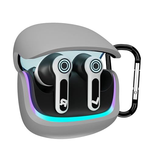 Sounce Earphone Case Cover for Boult Audio Z40 Gaming TWS Soft Silicone Skin Case Cover Shock Absorbing Protective Case with Keychain [Front LED Visible] - Grey