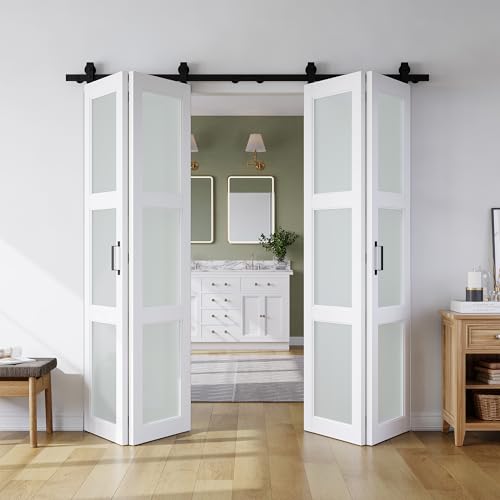 SMARTSTANDARD Bifold Barn Door 72in x 84in,Frosted Glass Barn Door with Hardware Kit Included,80in Track Kit for 4 Doors,Pre-Finished Sliding barn Door Slab Easy Assembly,MDF,White 72"(36"x2