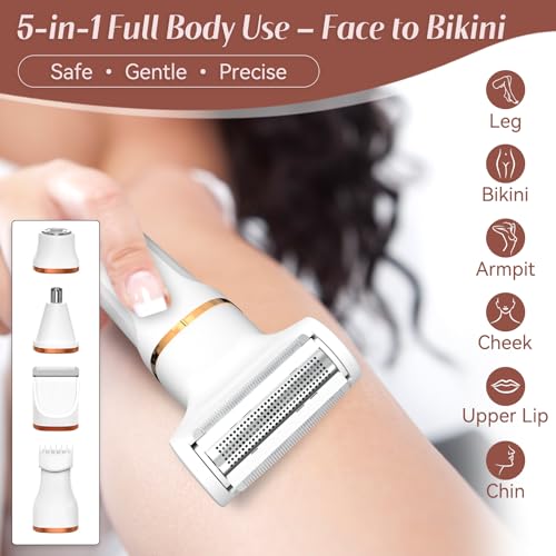 5-in-1 Bikini Trimmer for Women, IPX7 Waterproof Electric Razors Shaver, Cordless Body Hair Trimmer, Facial & Pubic Hair Removal, Ceramic Blade (White)