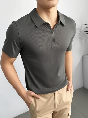 Image of Mack Jonney Ribbed |Regular Fit | Half Sleeves 100% Cotton Polo Neck Self Design with Zip T-Shirt for Men-M826
