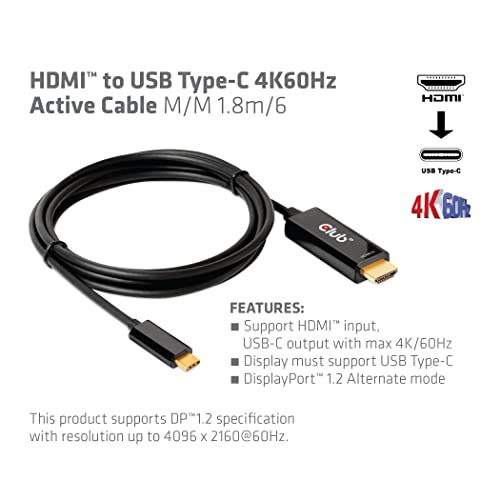 Club 3D 4K 60Hz Hdmi To Usb Type C Video Cable Hdmi 2.0 (Male) To Usb Type C (Male) Active Monitor Converter 1.8M/6 Feet Cac-1334 #TOP2
