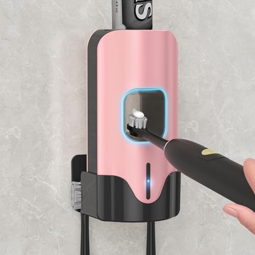 Automatic Toothpaste Dispenser Wall Mounted - Smart Touchless Toothpaste Squeezer with 3 Adjustable Levels 2 Toothbrush Holders- for Kids and Adults Bathroom Essentials (Pink)