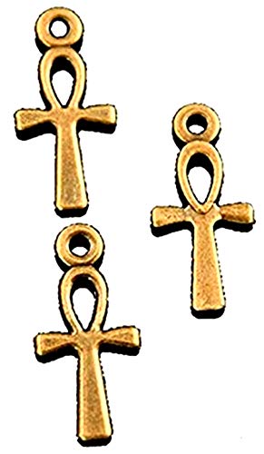 Dojore Pack of 20 Bronze (Dark Brown) Mini Ankh Charms. 17mm x 7mm. Egyptian Cross, Key of Life, Fertility, Wisdom, Crux Ansata Pendants