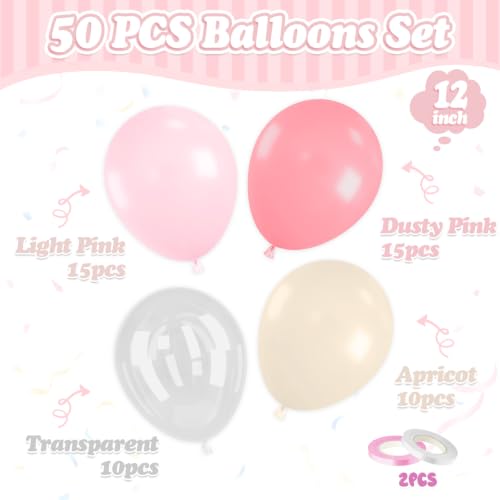 Image of Dusty Pink Balloons, 50 Pcs for Girls Birthday Baby Shower Wedding Party | 12 Inch Blush Light Pink Apricot Clear Latex Balloons for Bridal Shower Valentine Day Engagement Ballet Party Decorations