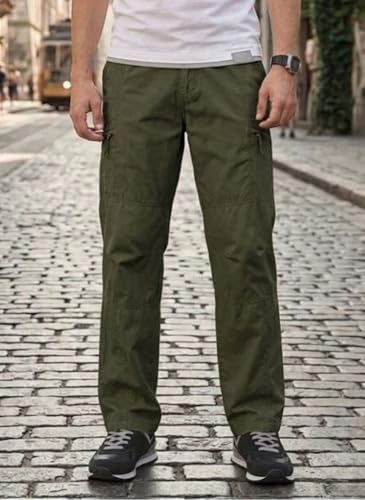 Image of Men's Cotton Cargo Pants |Bottom with 6 Pockets & Drawstring Waist | Breathable Lower with 6 Pockets & Drawstring Elastic Waistband | Casual Bottoms Travel Outdoor