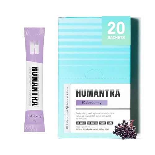 Humantra Electrolytes Powder - Elderberry Flavor, 20ct - Powdered Hydration Sachets - Plant-Based Electrolyte Powder with 6 Electrolytes - Vegan, Sugar Free, Gluten Free