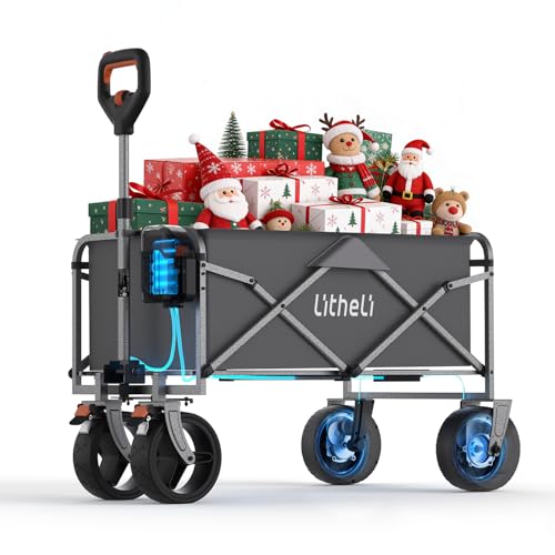 Litheli Elektrowagen Bollerwagen faltbar, Handwagen faltbar mit Motor und Bremsen, 100L 50KG geeignet für Camping, Garten, Strand, Einkaufen (Grau, W1 Go ohne Akku)