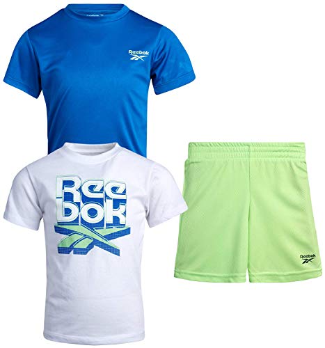Reebok Baby Boys' Shorts Set  3 Piece Short Sleeve T-Shirt and Shorts Playwear Set (Infant/Toddler), Size 4 Toddler, White/Blue/Green
