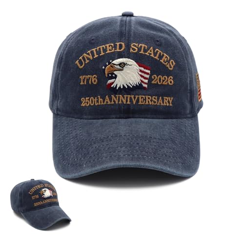 AIWUJIE 250th Anniversary USA Hat Adjustable Embroidered 250th Anniversary Patriotic Retro Washed Hat Baseball Cap for Men Women Gifts Blue