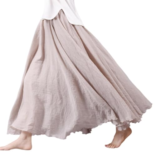Baumwoll-Leinenrock für Damen, Sommer-Leinen-, elastische Taille, A-Linie, fließende röcke, beige